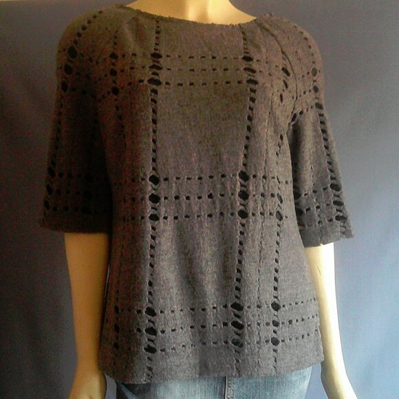Tory Burch Gray Wool Holes Black Lined Frayed Sweater Sm - Picture 1 of 13